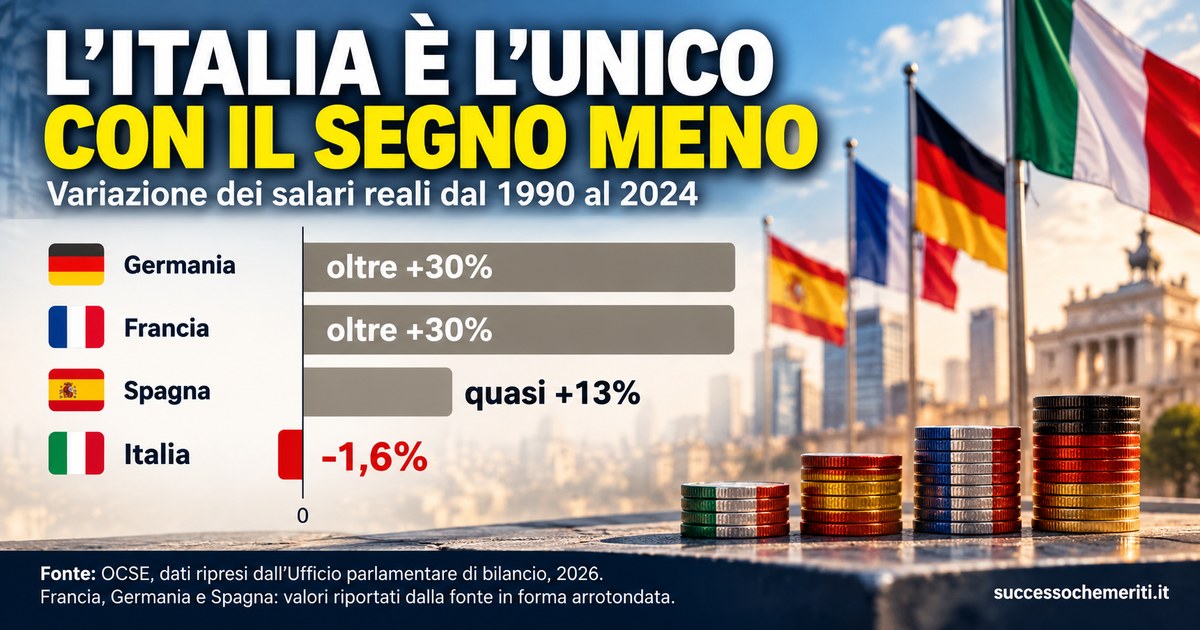 Grafico del confronto fra i salari reali di Italia, Germania, Francia e Spagna dal 1990 al 2024