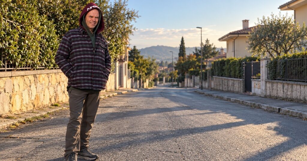 Giuseppe Mazzù in piedi in una strada di periferia la mattina presto