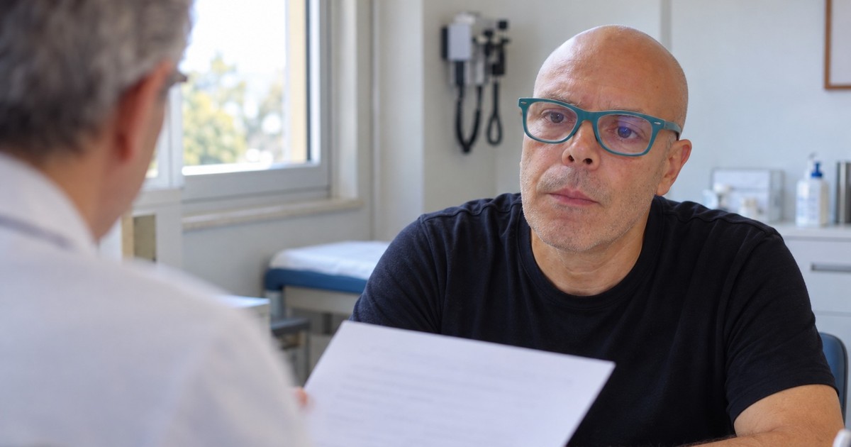 Giuseppe Mazzù dal suo medico mentre guarda i risultati delle analisi del sangue