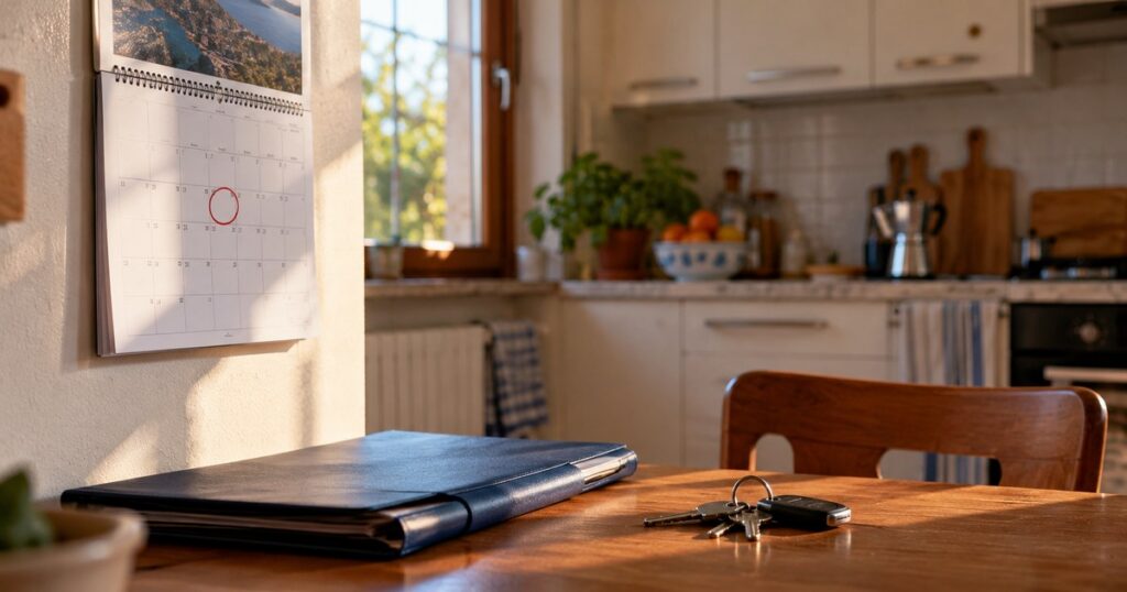 Immagine elaborata con l'AI: calendario appeso in cucina con una data cerchiata in rosso, sul tavolo una cartellina di lavoro e un mazzo di chiavi