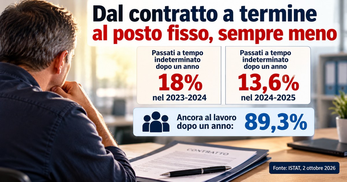 Grafico elaborato con l'AI su dati ISTAT: i dipendenti a termine passati a tempo indeterminato dopo un anno scendono dal 18% del 2023-2024 al 13,6% del 2024-2025, e l'89,3% è ancora al lavoro dopo un anno