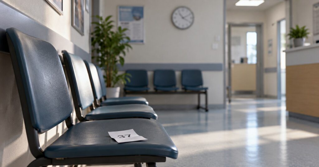 Immagine elaborata con l'AI: sala d'attesa di un ambulatorio con sedie blu vuote e un biglietto con il numero 37 su una sedia