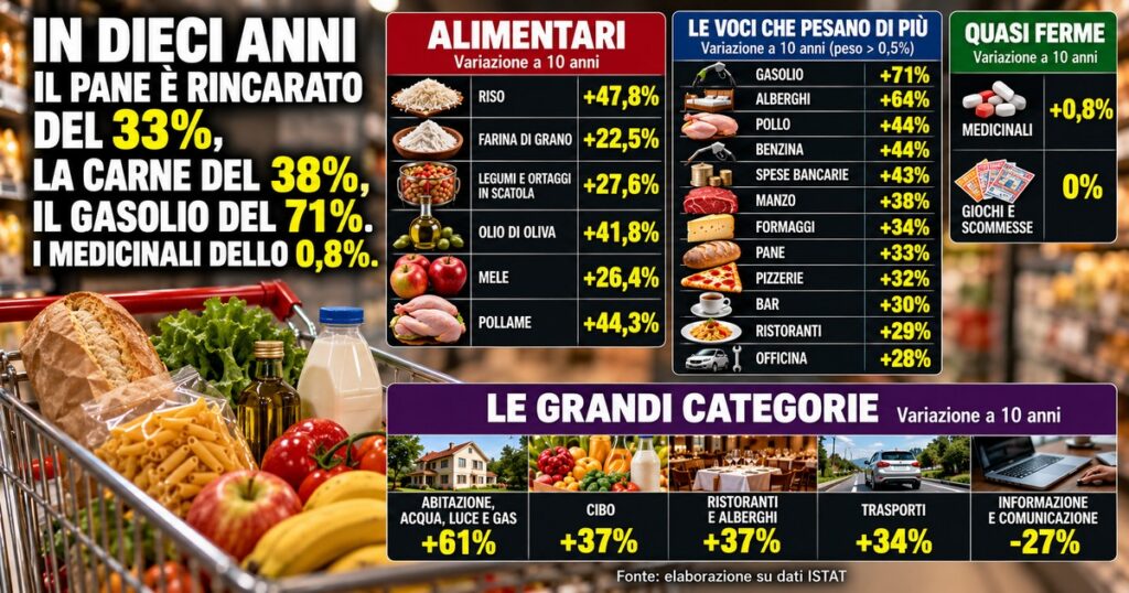 Tabella dei rincari dei prodotti del paniere Istat negli ultimi dieci anni