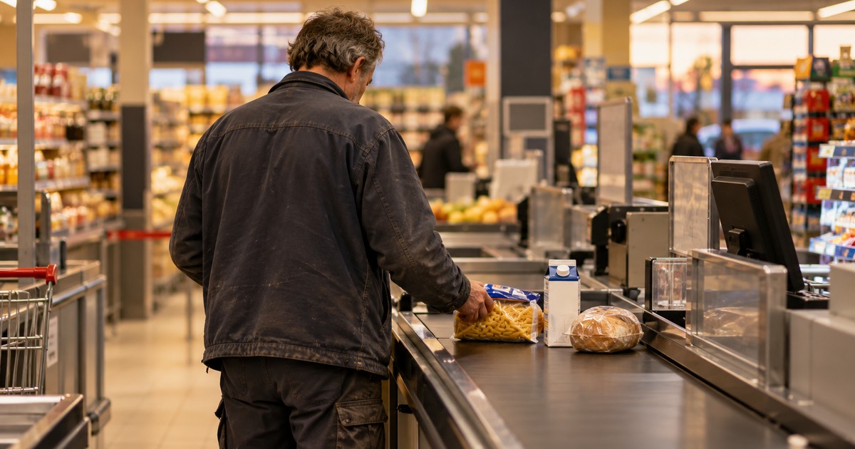 Uomo in abiti da lavoro di spalle alla cassa di un supermercato, con poche cose sul nastro