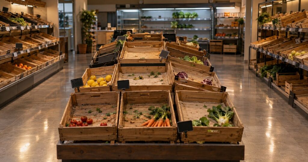 Reparto di frutta e verdura di un supermercato con le cassette di legno quasi vuote e pochi prodotti rimasti